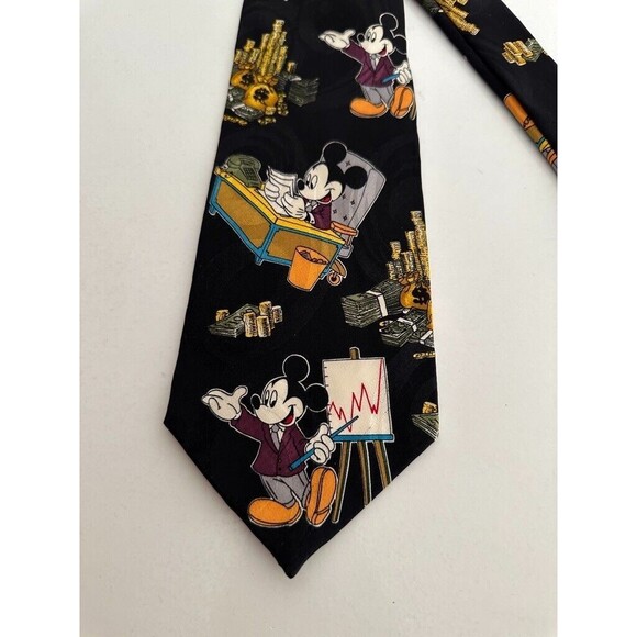 Disney Mickey Mouse Silk Tie Money Office Stock Market Black Workwear Vintage - Picture 2 of 5